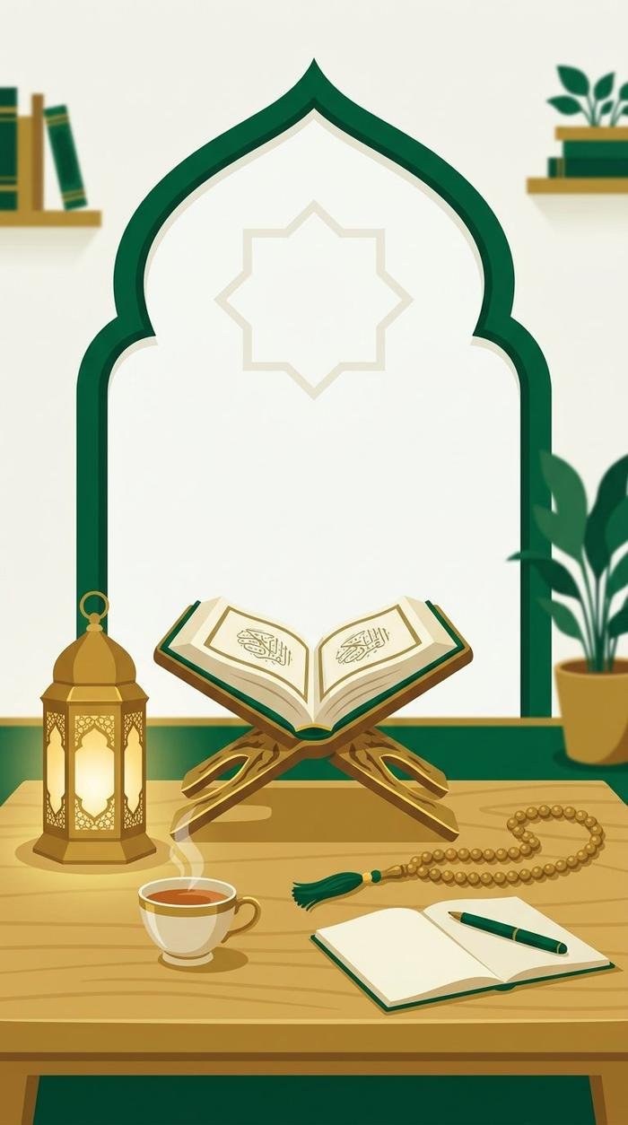 Quran study corner with rehl, lantern, misbaha and notebook