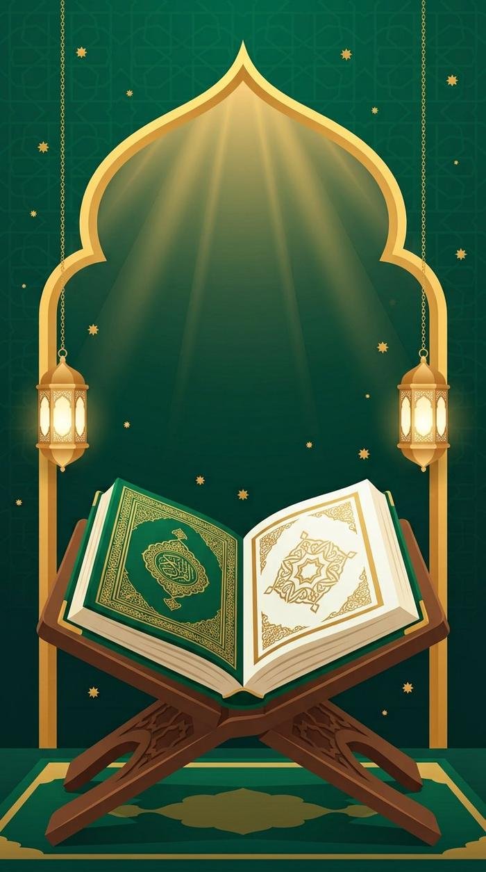Open Quran on a rehl beneath a golden mosque arch with lanterns